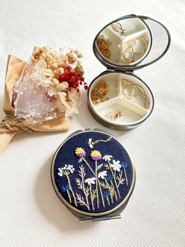 Floral Embroidered Jewelry Box W/ Mirror