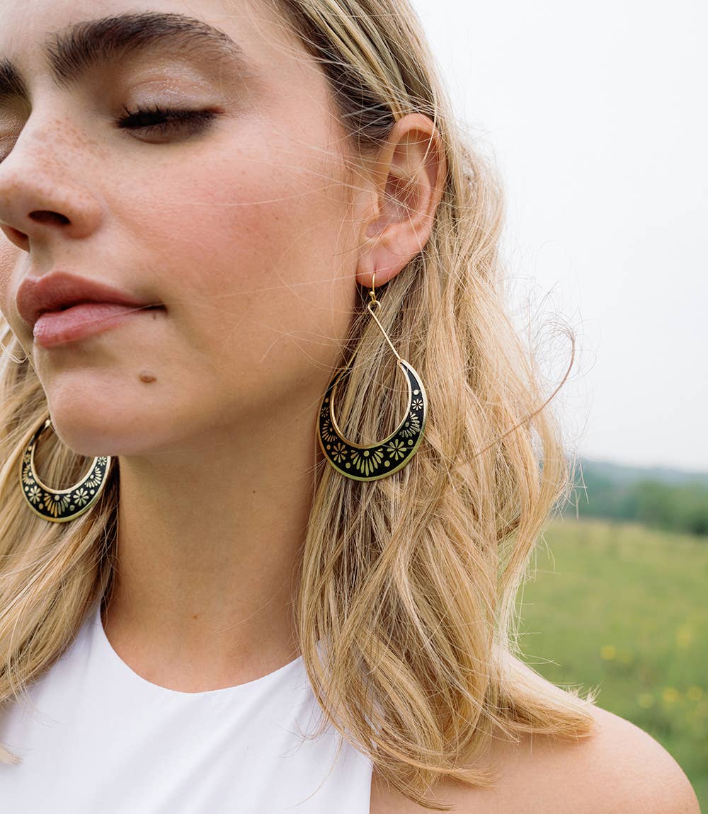Black & Floral Crescent Hoop Earrings