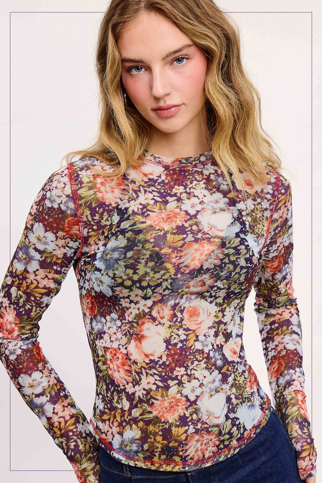 Semi Sheer Crew Neck Long Sleeve Mesh