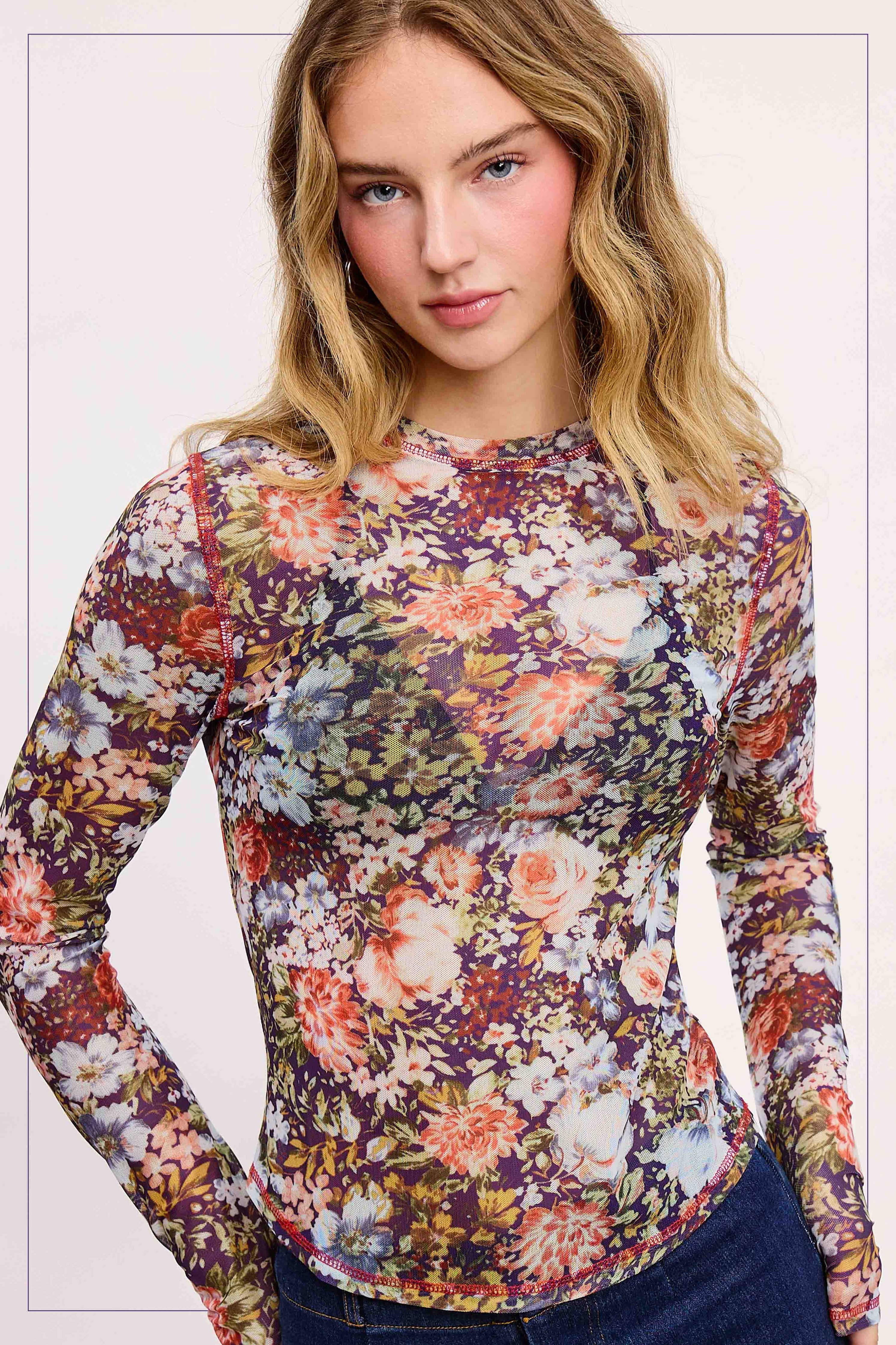 Semi Sheer Crew Neck Long Sleeve Mesh
