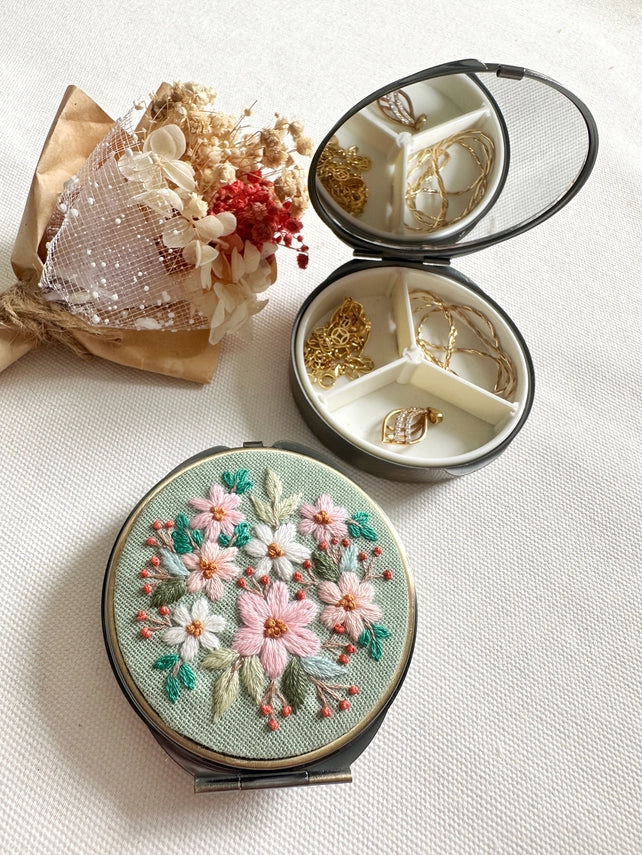 Floral Embroidered Jewelry Box W/ Mirror