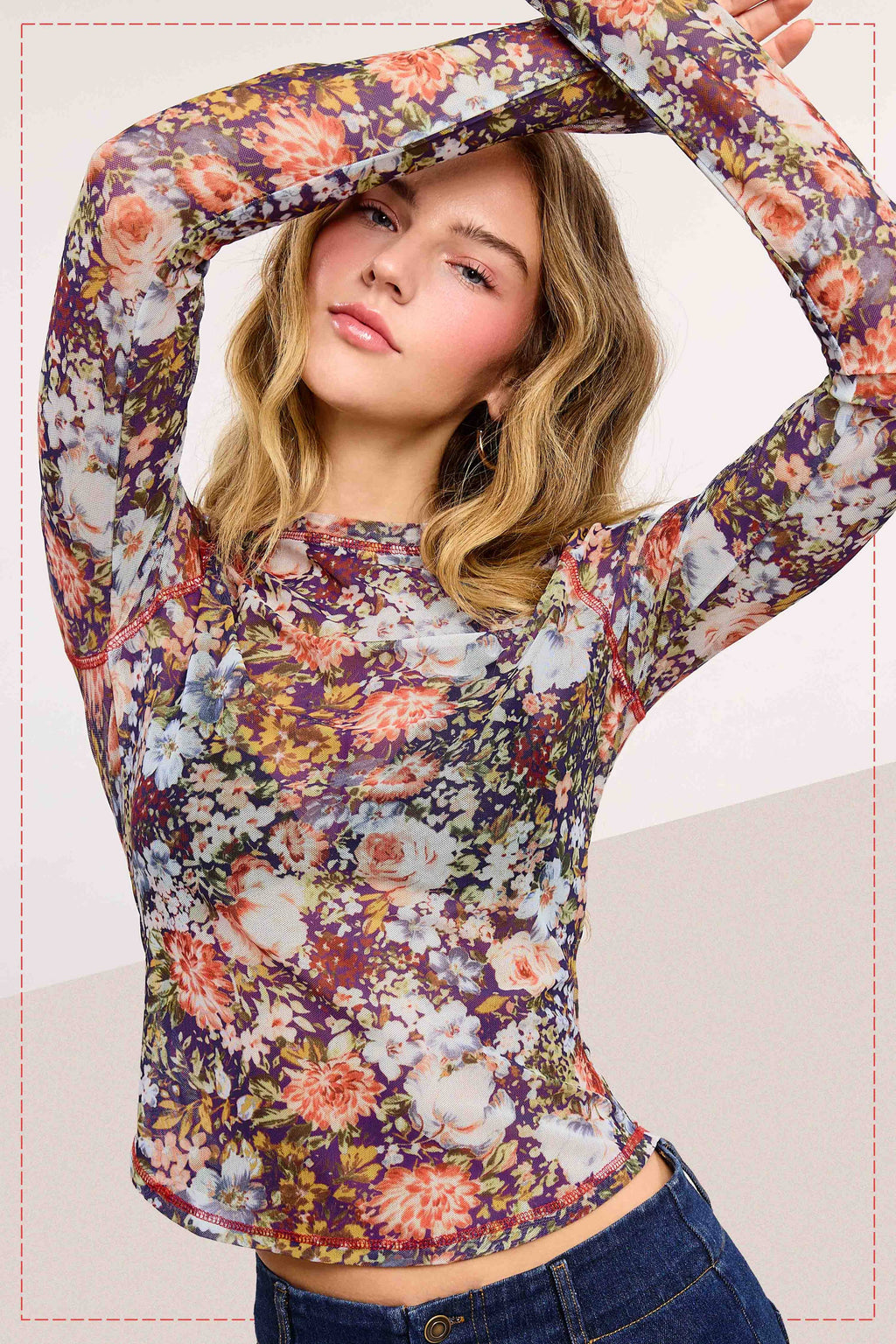 Semi Sheer Crew Neck Long Sleeve Mesh