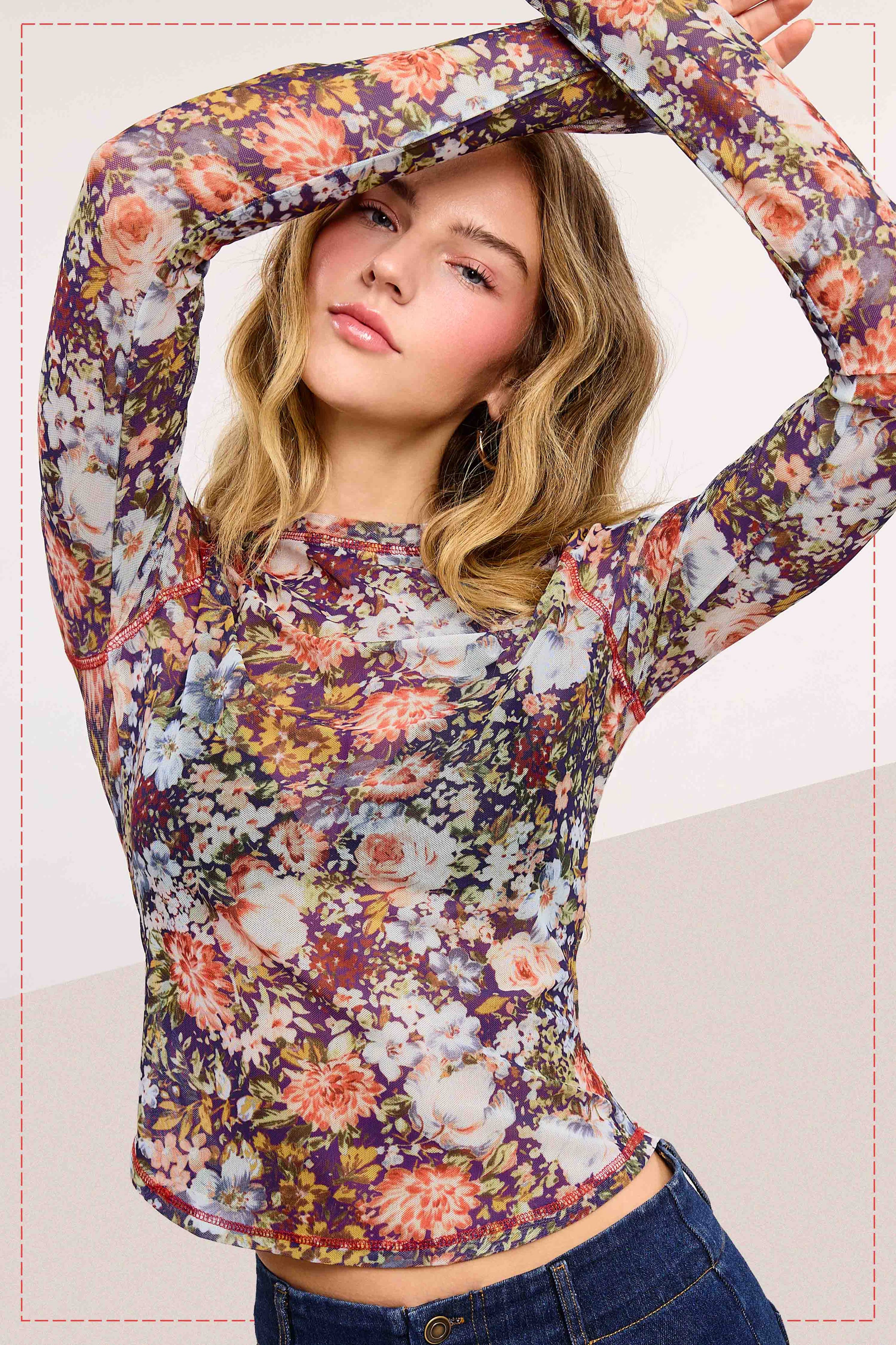 Semi Sheer Crew Neck Long Sleeve Mesh