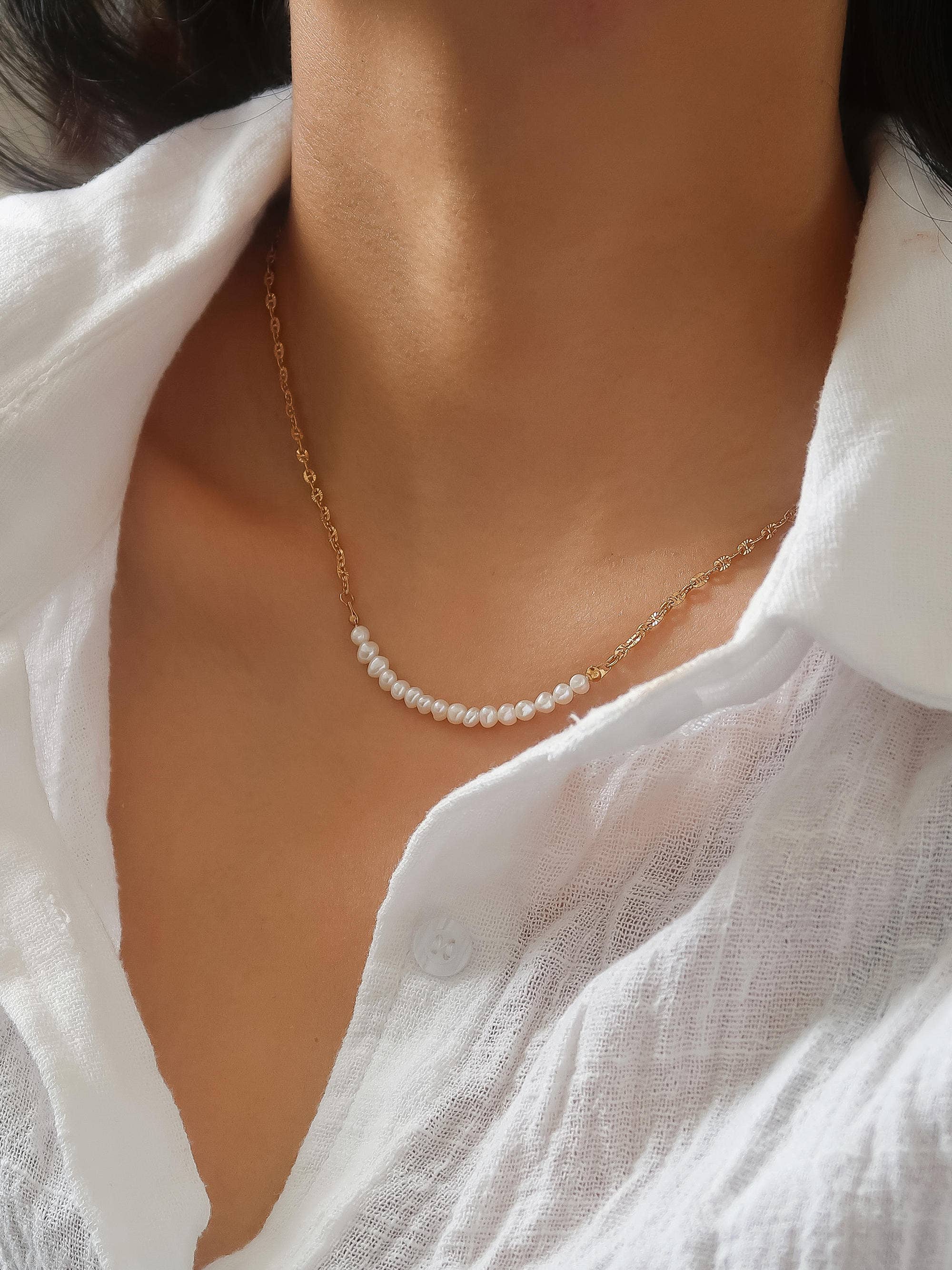 18K Gold Freshwater Pearl Chain Necklace