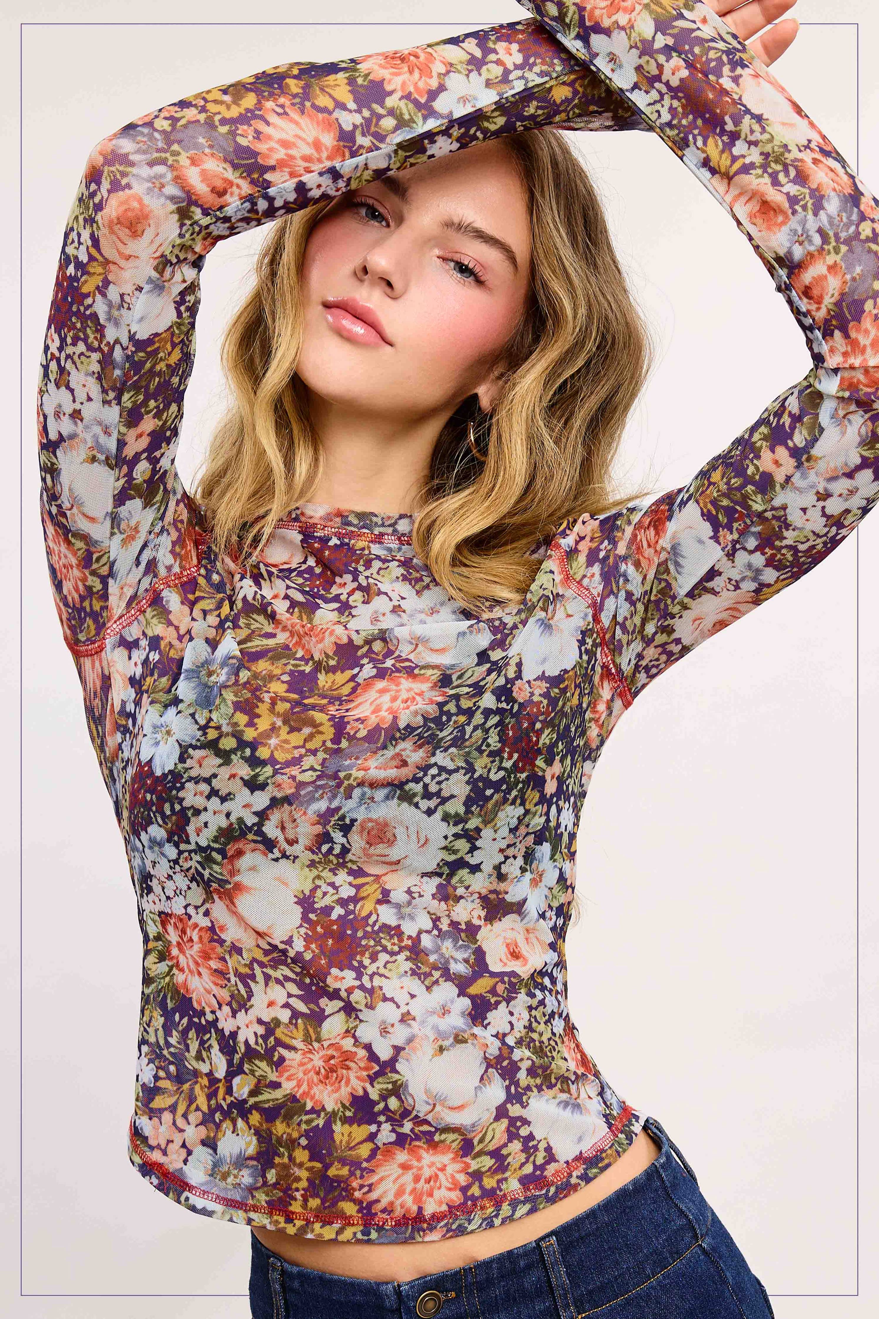 Semi Sheer Crew Neck Long Sleeve Mesh