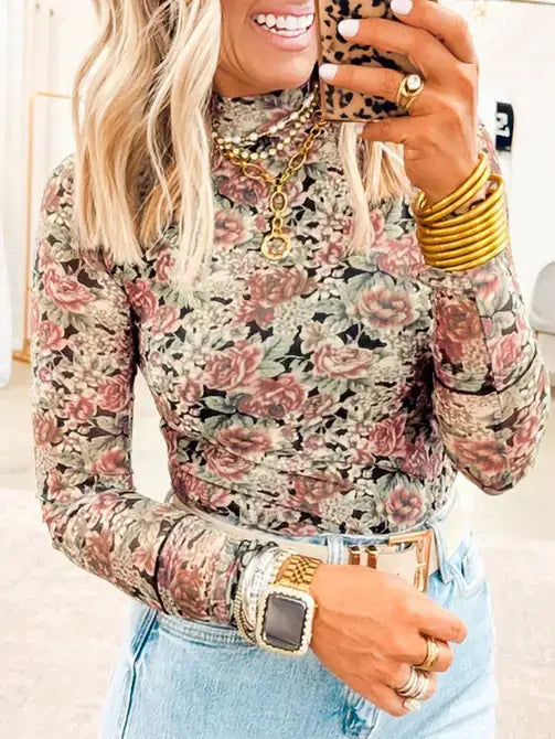 Floral Mock Neck Mesh Top