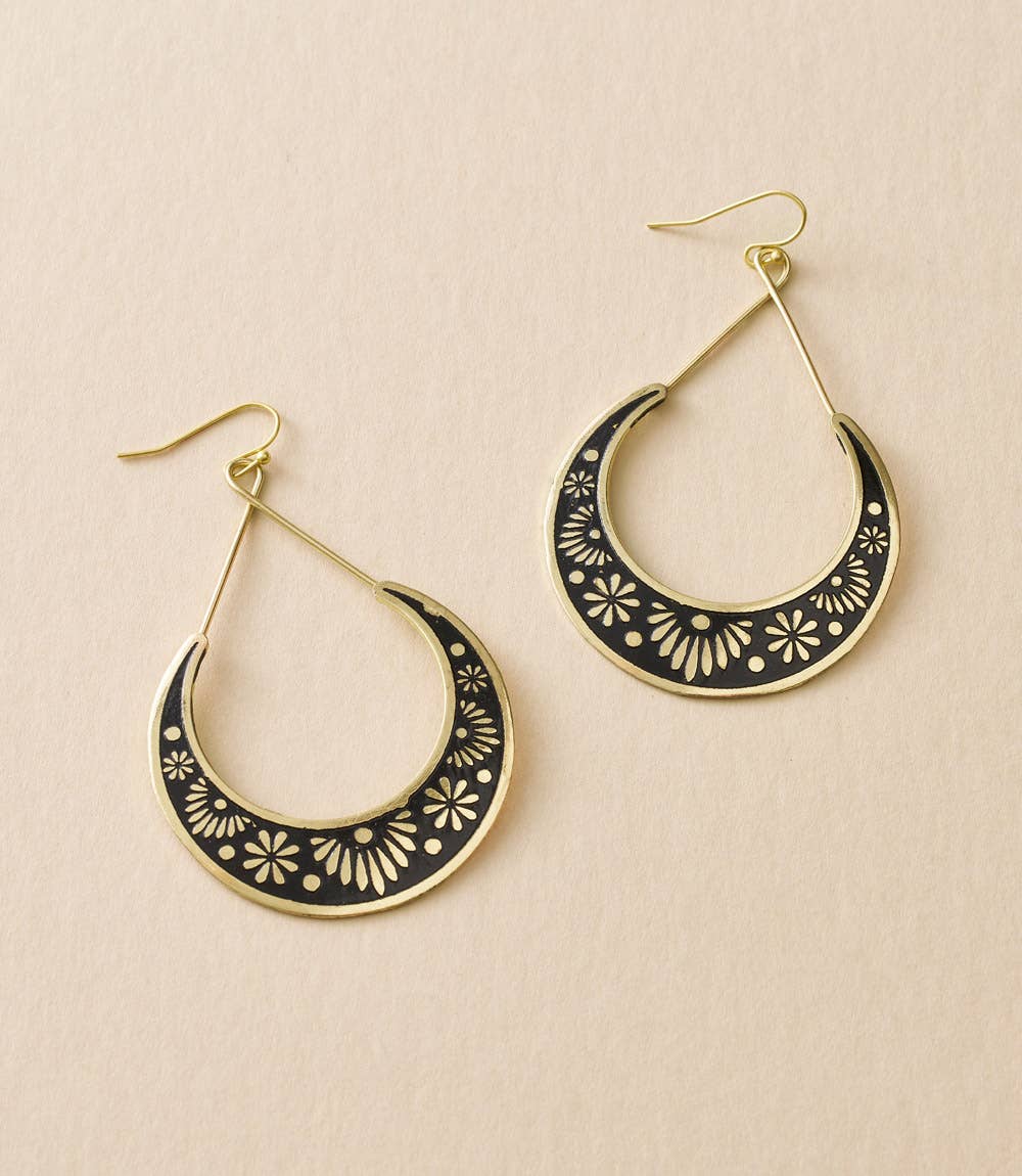 Black & Floral Crescent Hoop Earrings