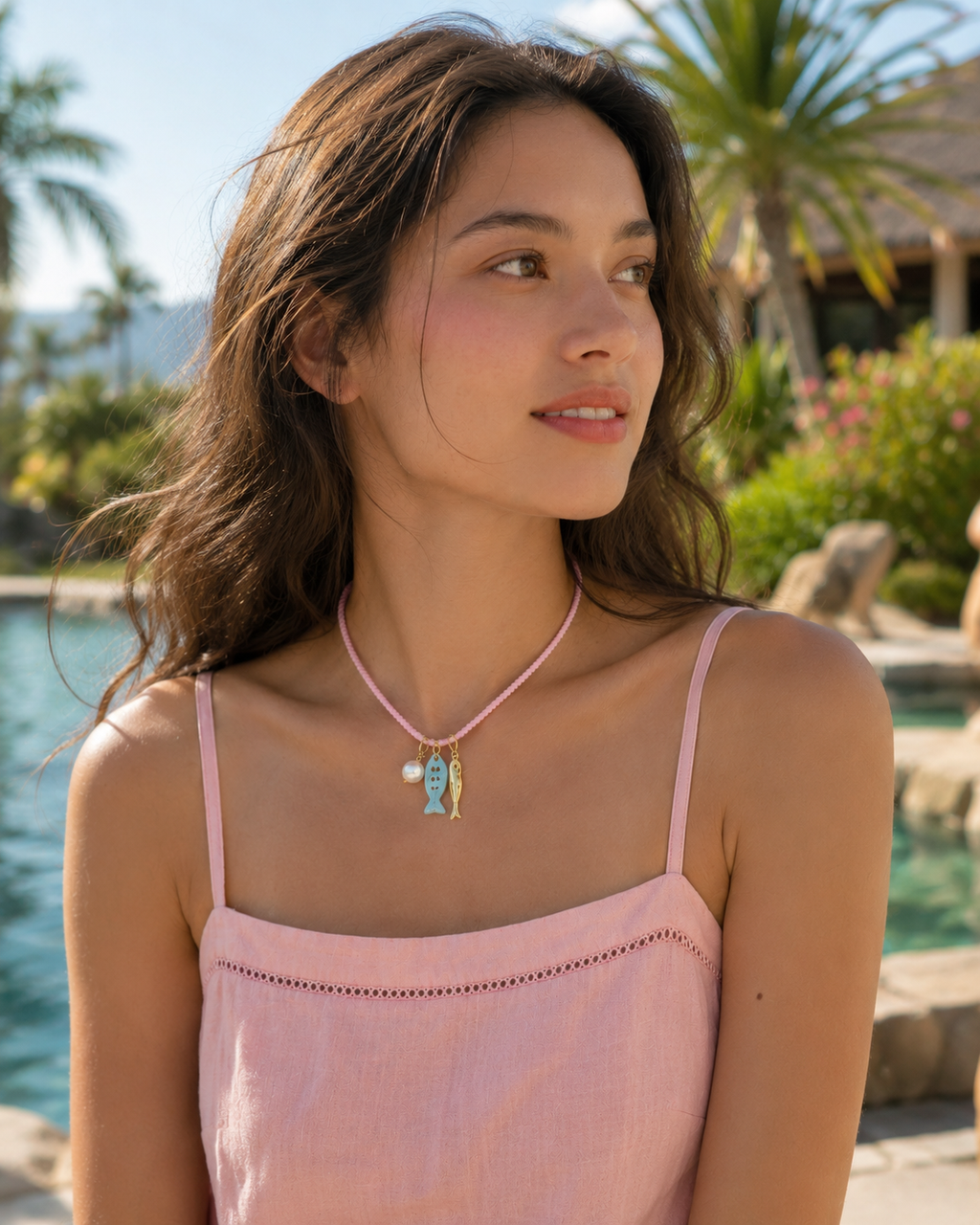 Pink Lagoon Rope Pearl Charm Necklace